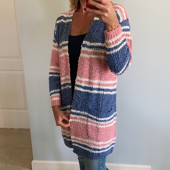 ink, Blue & Off White Stripe Popcorn Texture Open Cardigan - Picture 4 of 10
